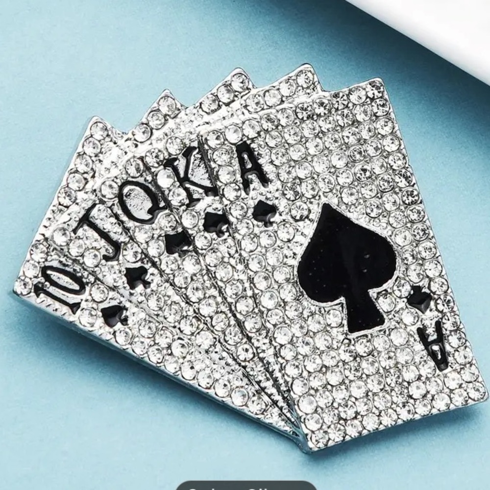 Silver Crystal Playing Card Brooch